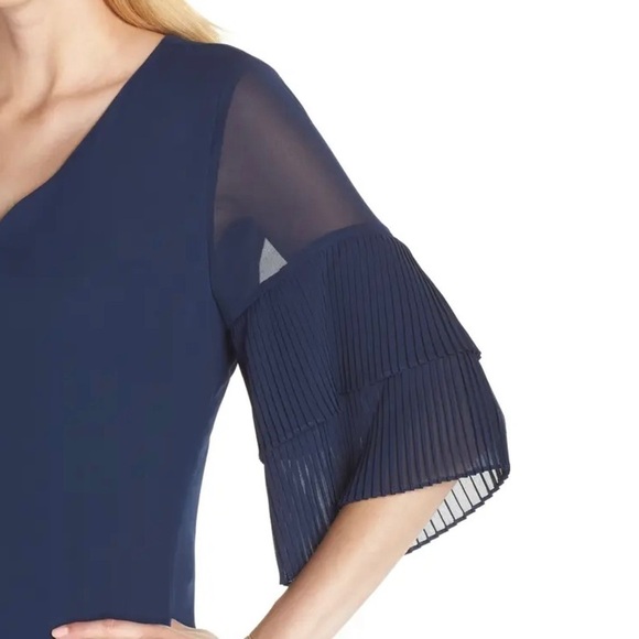 Sam Edelman Pleat Sleeve V Neck Chiffon Shift Dress - Picture 3 of 11